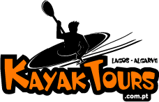 Silhouette of kayaker above 'Kayak Tours' text, Lagos - Algarve.