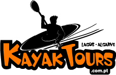 Silhouette of kayaker above 'Kayak Tours' text, Lagos - Algarve.